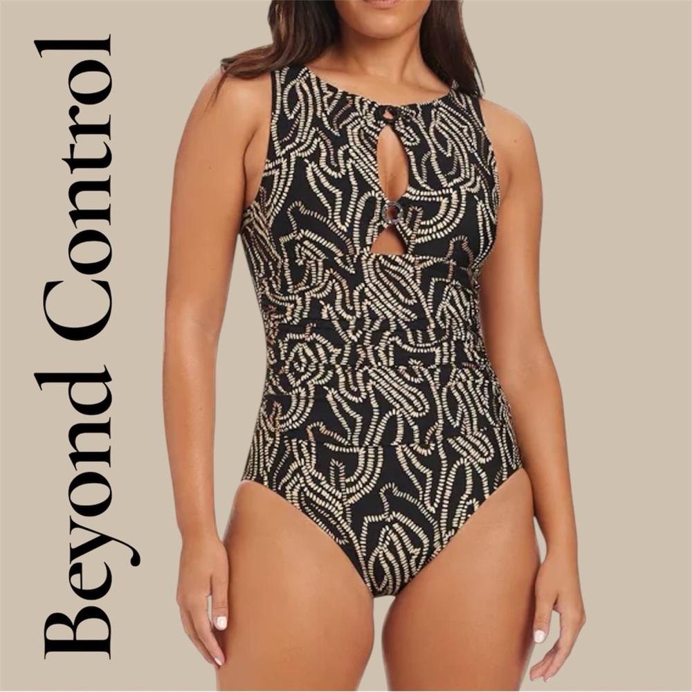 Beyond Control Black Tummy Control Swimsuit w/Tan Chain Print. Size 14. EUC!